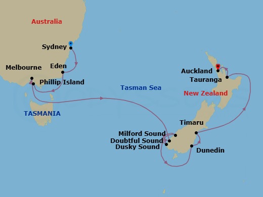 11 Night - Australia Product - Norwegian Spirit - Starting in Sydney AU, Eden, Australia, Phillip Island (Cowes), Australia, Melbourne, Australia, Cruise Doubtful Sound, New Zealand, Cruise Dusky Sound, New Zealand, Milford Sound, New Zealand, Dunedin, New Zealand, Timaru, New Zealand, Tauranga, New Zealand, Auckland, New Zealand itinerary map