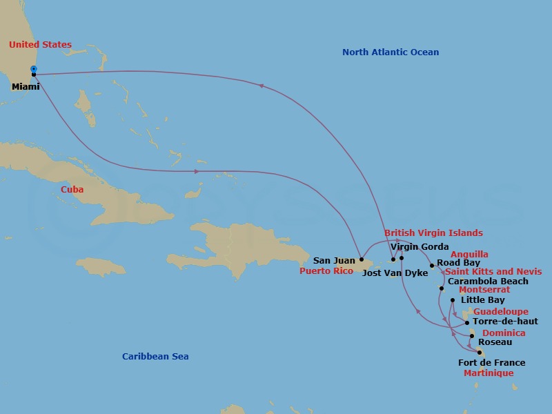 14 Night - Leeward Island Jewels - Seabourn Quest - Starting in Miami, Florida, San Juan, Puerto Rico, Road Bay, Anguilla, Carambola Beach, Saint Kitts and Nevis, Roseau, Dominica, Fort-De-France, Martinique, Little Bay, Montserrat, Terre-de-Haut, Iles des Saintes, Guadeloupe, Spanish Town, Virgin Gorda, British Virgin Islands, Great Harbour, Jost van Dyke, British Virgin Islands, Miami, Florida itinerary map