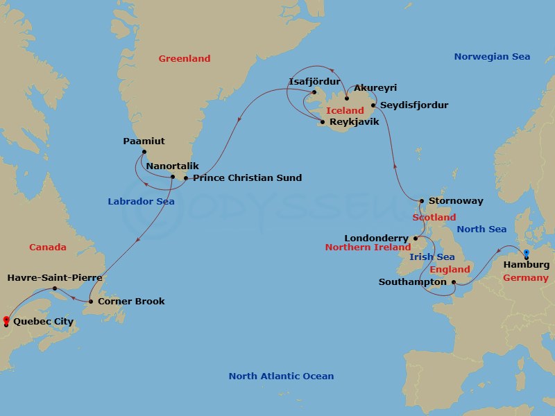 21 Night - An Grand Journey of Atlantic Adventures, Nordic Marvels & Glacier-Sculpted Allure - EXPLORA III - Starting in Hamburg, Southampton, Greencastle (County Donegal), Stornoway (Isle of Lewis), Seydisfjordur, Akureyri, Reykjavik, Isafjordur, Sailing Prince Christian Sund, Paamiut, Nanortalik, Corner Brook, Havre-Saint-Pierre, Quebec City itinerary map