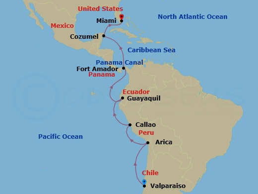18 Night - Valparaiso to Miami - Silver Nova - Starting in Valparaiso, Arica, Lima (Callao), Guayaquil, Fuerte Amador (Panama City), Panama Canal Transit, Cozumel, Quintana Roo, Miami, Fl itinerary map