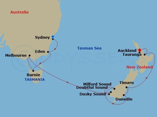 11 Night - Australia Product - Norwegian Spirit - Starting in Sydney AU, Eden, Australia, Burnie, Tasmania, Australia, Melbourne, Australia, Cruise Doubtful Sound, New Zealand, Cruise Dusky Sound, New Zealand, Milford Sound, New Zealand, Dunedin, New Zealand, Timaru, New Zealand, Tauranga, New Zealand, Auckland, New Zealand itinerary map