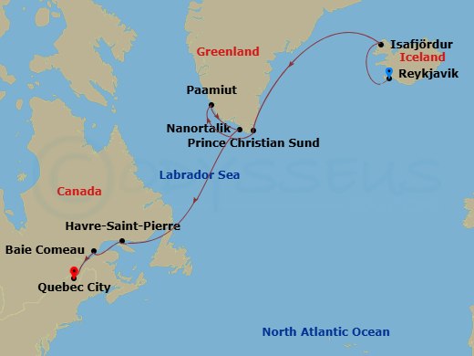 11 Night - A Journey Through Rugged Landscapes & Remote Coastal Scenery - EXPLORA III - Starting in Reykjavik, Isafjordur, Sailing Prince Christian Sund, Paamiut, Nanortalik, Corner Brook, Havre-Saint-Pierre, Quebec City itinerary map