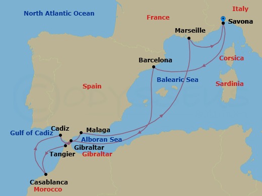 10 Night - Western Mediterranean from Savona - Costa Fascinosa - Starting in Savona, Barcelona, Gibraltar, Tangier, Casablanca, Cadiz, Malaga, Marseille, Savona itinerary map