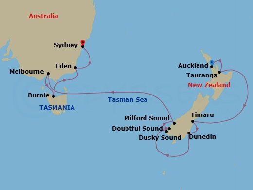 11 Night - Australia Product - Norwegian Spirit - Starting in Auckland, New Zealand, Tauranga, New Zealand, Timaru, New Zealand, Dunedin, New Zealand, Cruise Doubtful Sound, New Zealand, Cruise Dusky Sound, New Zealand, Milford Sound, New Zealand, Melbourne, Australia, Burnie, Tasmania, Australia, Eden, Australia, Sydney AU itinerary map