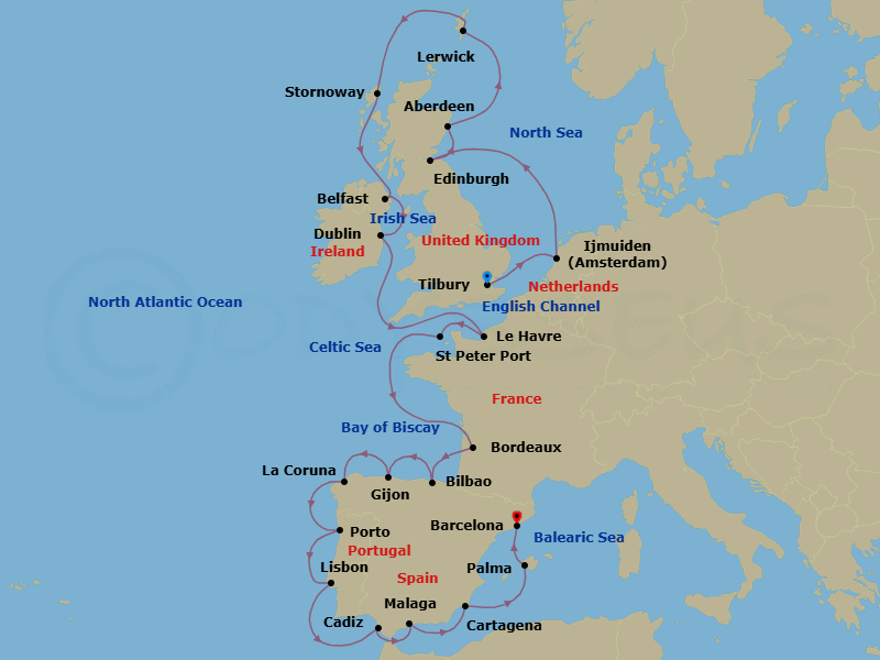 25 Night - Ultimate Western Europe - Oceania Insignia - Starting in London (Tilbury), Ijmuiden, Edinburgh (Newhaven), Aberdeen, Lerwick (Shetland Islands), Stornoway (Hebrides), Belfast, Dublin, Paris (Le Havre), St Peter Port, Guernsey, Bordeaux, Bilbao, Gijon, Spain, La Coruna, Oporto, Lisbon, Seville (Cadiz), Malaga, Cartagena ES, Palma De Mallorca, Barcelona itinerary map