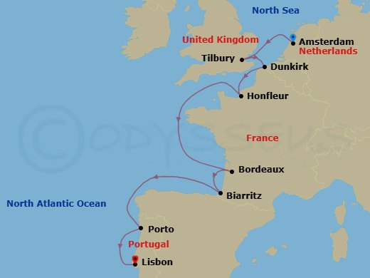 12 Night - Epicurean Pageantry - Seven Seas Grandeur - Starting in Amsterdam, London (Tilbury), Dunkirk, Paris (Honfleur), Cruising the Celtic Sea, Bordeaux, Biarritz (Saint-Jean-De-Luz), Cruising the Atlantic Ocean, Oporto, Lisbon itinerary map