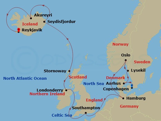 15 Night - An Extended Journey Through Northern Shores and Glacial Realms - EXPLORA III - Starting in Copenhagen, Aarhus, Lysekil (Gotland), Oslo, Hamburg, Southampton, Greencastle (County Donegal), Stornoway (Isle of Lewis), Seydisfjordur, Akureyri, Reykjavik itinerary map