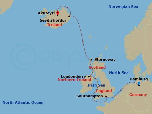 10 Night - An Extended Journey of Scenic Discovery, Celtic Beauty & Icelandic Enchantment - EXPLORA III - Starting in Hamburg, Southampton, Greencastle (County Donegal), Stornoway (Isle of Lewis), Seydisfjordur, Akureyri, Reykjavik itinerary map