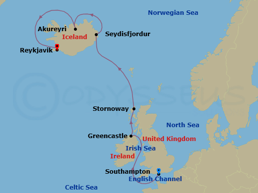 8 Night - A Journey Through Nordic Discoveries & Geothermal Wonders - EXPLORA III - Starting in Southampton, Greencastle (County Donegal), Stornoway (Isle of Lewis), Seydisfjordur, Akureyri, Reykjavik itinerary map