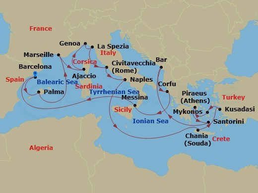 21 Night - The Best of the Mediterranean - Sun Princess - Starting in Barcelona, Spain, Mallorca (Palma), Spain, Marseille (Provence), France, Corsica (Ajaccio), France, Genoa (for Cinque Terre), Italy, La Spezia (for Florence / Pisa), Italy, Civitavecchia (for Rome), Italy, Naples, Italy (for Capri and Pompeii), Crete (Chania), Greece, Kusadasi, Turkey (for Ephesus), Mykonos, Greece, Athens (Piraeus), Greece, Santorini, Greece, Montenegro, Corfu, Greece, Sicily (Messina), Italy, Barcelona, Spain itinerary map