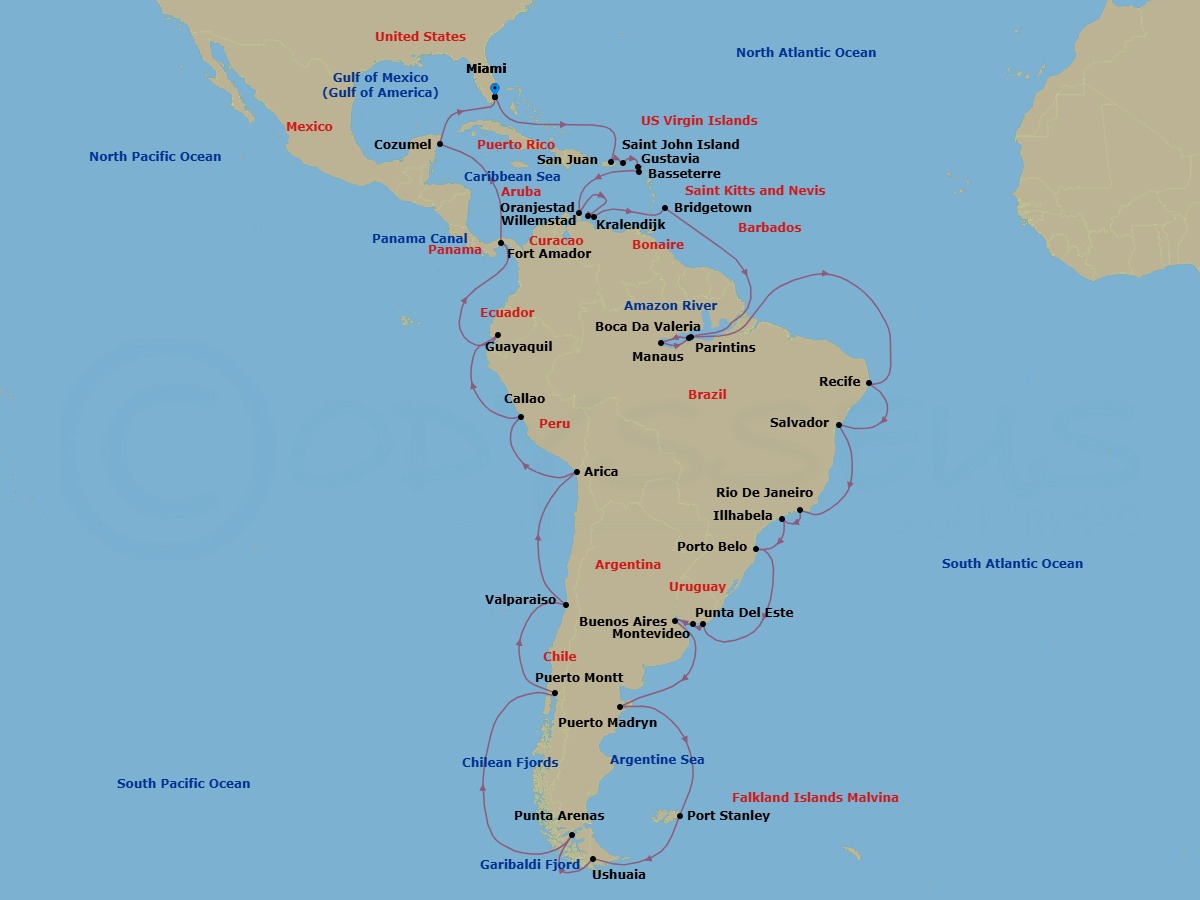 76 Night - Caribbean Roundtrip from Miami - Silver Nova - Starting in Miami, San Juan, St John VI, Gustavia, St Kitts, Oranjestad, Willemstad AN, Kralendijk, Bridgetown, Amazon River, Parintins, Manaus, Boca Da Valeria, Amazon River, Recife, Salvador De Bahia, Rio De Janeiro, Ilhabela, Brazil, Porto Belo, Punta Del Este, Montevideo, Buenos Aires, Puerto Madryn, Port Stanley, Falkland Islands, Ushuaia, Garibaldi Fjord and Glacier, Punta Arenas, Chilean Fjords, Puerto Montt, Valparaiso, Arica, Lima, Guayaquil, Fuerte Amador, Panama Canal Transit, Cozumel, Quintana Roo, Miami itinerary map