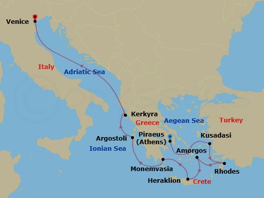 9 Night - Greece Intensive Cruise : Rhodes, Crete & Corfu - Azamara Onward - Starting in Athens (Piraeus), Ephesus (Kusadasi), Rhodes, Amorgos, Heraklion, (Crete), Monemvasia, Argostoli, Corfu, Venice itinerary map