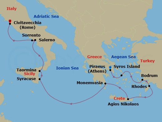 11 Night - Greece & Italy Cruise : Rhodes, Crete & Amalfi - Azamara Onward - Starting in Athens (Piraeus), Syros, Bodrum, Rhodes, Agios Nikolaos, (Crete), Monemvasia, Siracusa, Sicily, Taormina (Giardini Naxos), Sicily, Amalfi Coast (Salerno), Sorrento, Rome (Civitavecchia) itinerary map
