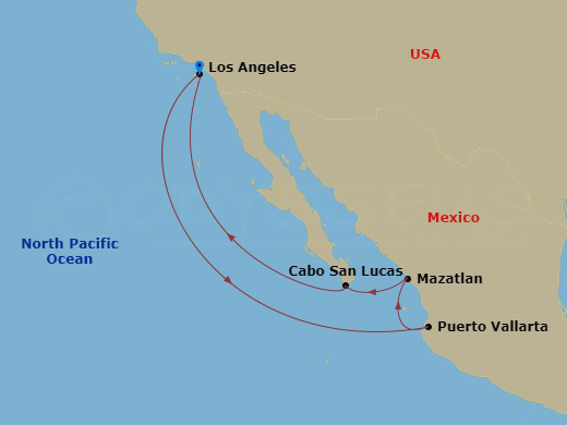 10 Night - Baja Peninsula & Sea of Cortez Holiday - Discovery Princess - Starting in Los Angeles, California, Puerto Vallarta, Mexico, Mazatlan, Mexico, Cabo San Lucas, Mexico, Los Angeles, California itinerary map