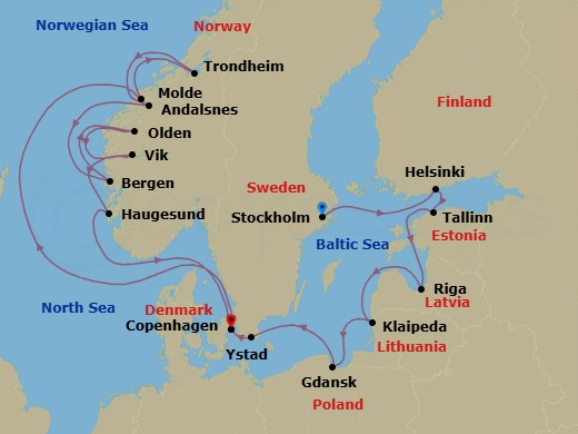 17 Night - Northern Europe from Stockholm to Copenhagen - Silver Dawn - Starting in Stockholm, Helsinki, Tallinn, Riga, Klaipeda, Gdansk, Ystad, Copenhagen, Molde, Trondheim, Andalsnes, Bergen, Olden, Vik, Haugesund, Copenhagen itinerary map