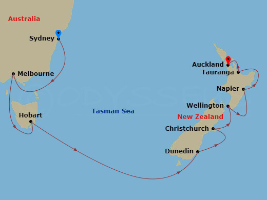 14 Night - Australia & New Zealand - Viking Venus - Starting in Sydney AU, Sail the Gippsland Coast, Melbourne, Scenic Sailing Bass Strait, Tasmania (Hobart), Sail the Tasman Sea, Scenic Sailing Foveaux Strait, Dunedin, Christchurch, Wellington, Napier, Rotorua (Tauranga), Auckland itinerary map