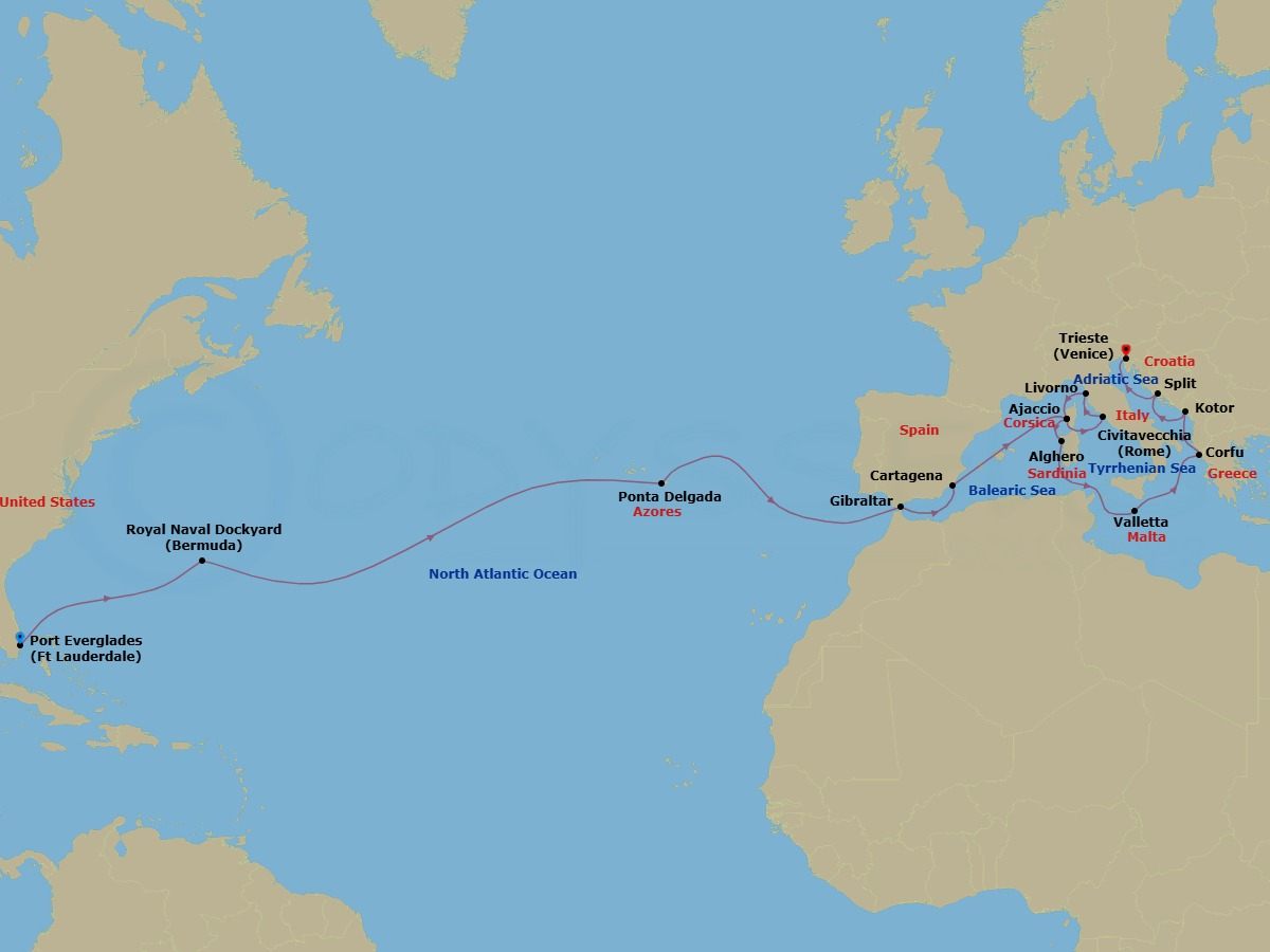 25 Night - Western Mediterranean & Adriatic Grand Adventure - Enchanted Princess - Starting in Fort Lauderdale, Florida, Bermuda, Azores Islands (Ponta Delgada), Portugal, Gibraltar, Cartagena ES, Corsica (Ajaccio), France, Civitavecchia (for Rome), Italy, Livorno (for Florence / Pisa), Italy, Corsica (Ajaccio), France, Sardinia (Alghero), Italy, Valletta, Malta, Corfu, Greece, Kotor, Montenegro, Split, Croatia, Trieste (for Venice), Italy itinerary map