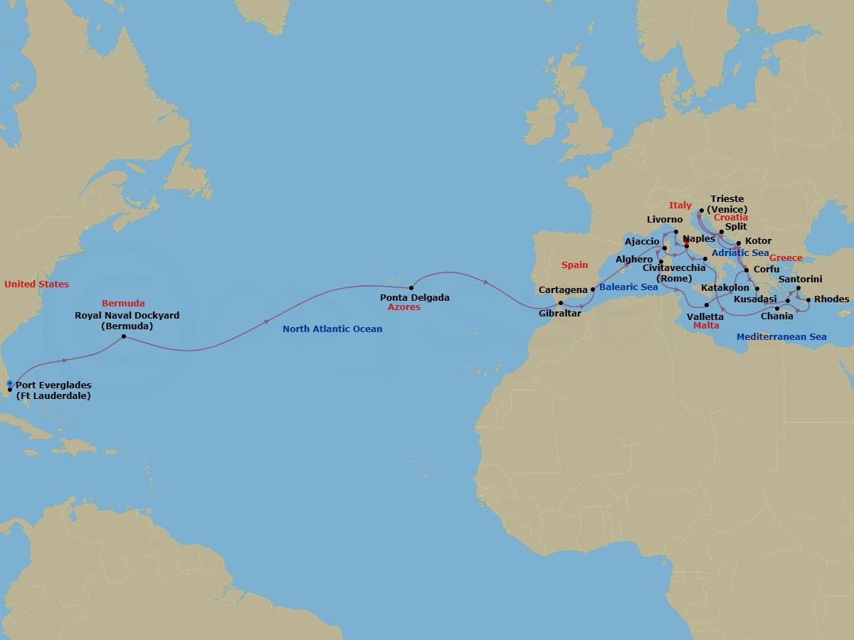 36 Night - Mediterranean & Aegean Grand Adventure - Enchanted Princess - Starting in Fort Lauderdale, Florida, Bermuda, Azores Islands (Ponta Delgada), Portugal, Gibraltar, Cartagena ES, Corsica (Ajaccio), France, Civitavecchia (for Rome), Italy, Livorno (for Florence / Pisa), Italy, Corsica (Ajaccio), France, Sardinia (Alghero), Italy, Valletta, Malta, Corfu, Greece, Kotor, Montenegro, Split, Croatia, Trieste (for Venice), Italy, Split, Croatia, Kotor, Montenegro, Corfu, Greece, Katakolon (for Olympia), Greece, Santorini, Greece, Kusadasi, Turkey (for Ephesus), Rhodes, Greece, Crete (Chania), Greece, Naples, Italy (for Capri and Pompeii), Civitavecchia (for Rome), Italy itinerary map