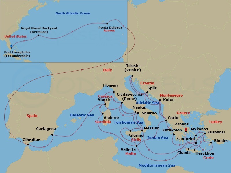 46 Night - Mediterranean & Greek Isles Grand Adventure - Enchanted Princess - Starting in Fort Lauderdale, Florida, Bermuda, Azores Islands (Ponta Delgada), Portugal, Gibraltar, Cartagena ES, Corsica (Ajaccio), France, Civitavecchia (for Rome), Italy, Livorno (for Florence / Pisa), Italy, Corsica (Ajaccio), France, Sardinia (Alghero), Italy, Valletta, Malta, Corfu, Greece, Kotor, Montenegro, Split, Croatia, Trieste (for Venice), Italy, Split, Croatia, Kotor, Montenegro, Corfu, Greece, Katakolon (for Olympia), Greece, Santorini, Greece, Kusadasi, Turkey (for Ephesus), Rhodes, Greece, Crete (Chania), Greece, Naples, Italy (for Capri and Pompeii), Civitavecchia (for Rome), Italy, Amalfi Coast (Salerno), Sicily (Messina), Italy, Sicily (Palermo), Italy, Valletta, Malta, Santorini, Greece, Mykonos, Greece, Kusadasi, Turkey (for Ephesus), Crete (Heraklion), Greece, Athens (Piraeus), Greece itinerary map