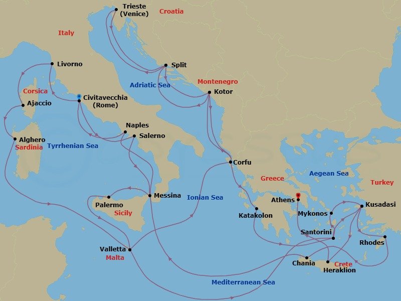 31 Night - The Best of the Mediterranean - Enchanted Princess - Starting in Civitavecchia (for Rome), Italy, Livorno (for Florence / Pisa), Italy, Corsica (Ajaccio), France, Sardinia (Alghero), Italy, Valletta, Malta, Corfu, Greece, Kotor, Montenegro, Split, Croatia, Trieste (for Venice), Italy, Split, Croatia, Kotor, Montenegro, Corfu, Greece, Katakolon (for Olympia), Greece, Santorini, Greece, Kusadasi, Turkey (for Ephesus), Rhodes, Greece, Crete (Chania), Greece, Naples, Italy (for Capri and Pompeii), Civitavecchia (for Rome), Italy, Amalfi Coast (Salerno), Sicily (Messina), Italy, Sicily (Palermo), Italy, Valletta, Malta, Santorini, Greece, Mykonos, Greece, Kusadasi, Turkey (for Ephesus), Crete (Heraklion), Greece, Athens (Piraeus), Greece itinerary map