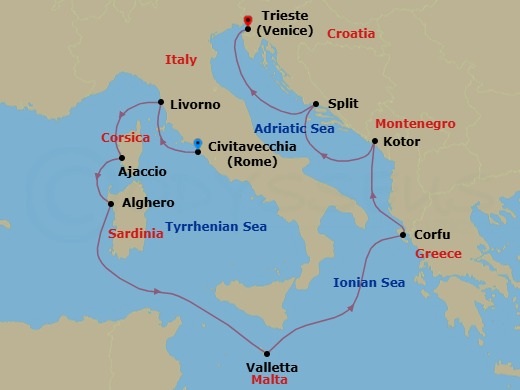 10 Night - Mediterranean with Italy & Croatia - Enchanted Princess - Starting in Civitavecchia (for Rome), Italy, Livorno (for Florence / Pisa), Italy, Corsica (Ajaccio), France, Sardinia (Alghero), Italy, Valletta, Malta, Corfu, Greece, Kotor, Montenegro, Split, Croatia, Trieste (for Venice), Italy itinerary map