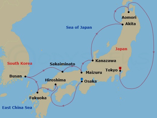 12 Night - Japan Intensive Cruise : Tokyo, Kagoshima & Osaka - Azamara Pursuit - Starting in Osaka, Hiroshima, Fukuoka, Busan, Sakaiminato, Maizuru, Kanazawa, Akita, Aomori, Tokyo itinerary map