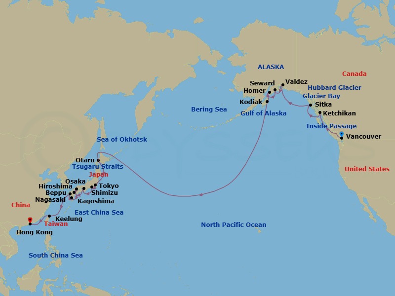 35 Night - Far East & Alaska - Viking Orion - Starting in Vancouver, British Columbia, Scenic Sailing : the Inside Passage, Ketchikan, Alaska, Sitka, Alaska, Scenic Sailing : Glacier Bay, Scenic Sailing : Hubbard Glacier, Valdez, Alaska, Seward, Alaska, Homer, Kodiak, Alaska, Scenic Sailing : Gulf of Alaska, Sail the Bering Sea, Sail the North Pacific Ocean, Sail the Okhotsk Sea, Sapporo (Otaru), Scenic Sailing : Tsugaro Strait, Tokyo, Shimizu, Osaka, Hiroshima, Beppu, Kagoshima, Nagasaki, Sail the East China Sea, Taipei (Keelung), Sail the East China Sea itinerary map