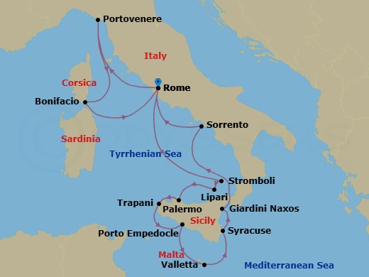 13 Night - Star Collector : Sicilian & Corsican Escape - Star Legend - Starting in Civitavecchia, Rome, Scenic Cruise Stromboli, Lipari, Palermo, Trapani, Porto Empedocle, Agrigento, Valletta, Syracuse IT, Sicily, Giardini Naxos, Taormina, Transit Strait of Messina, Sorrento, Civitavecchia, Rome, Porto Venere, Bonifacio, Civitavecchia, Rome itinerary map