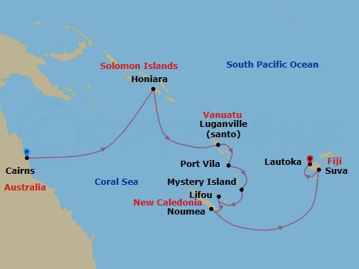 12 Night - Outback & Isles - Seven Seas Navigator - Starting in Cairns, Cruising the Coral Sea, Cruising the Solomon Sea, Honiara, Cruising the Coral Sea, Luganville, Port Vila, Mystery Island, Lifou Island, Noumea, Cruising the South Pacific, Suva, Lautoka itinerary map