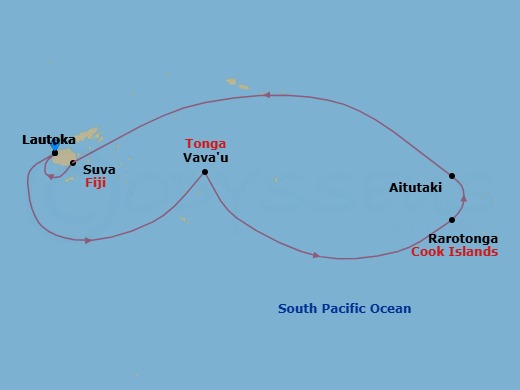 10 Night - Azure Islands - Seven Seas Navigator - Starting in Lautoka, Cruising the South Pacific, Vavau (Neiafu), Crossing the International Date Line (E), Cruising the South Pacific, Rarotonga, Aitutaki, Cruising the South Pacific, Crossing the International Date Line (W), Cruising the South Pacific, Suva, Lautoka itinerary map