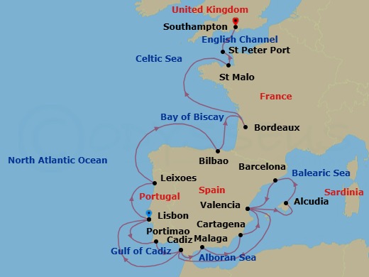 25 Night - Northern Europe from Lisbon to Southampton - Silver Spirit - Starting in Lisbon, Portimao, Cadiz, Malaga, Cartagena ES, Valencia, Alcudia, Barcelona, Valencia, Cadiz, Lisbon, Oporto, Bilbao, Bordeaux, Saint Malo, St Peter Port, Southampton itinerary map
