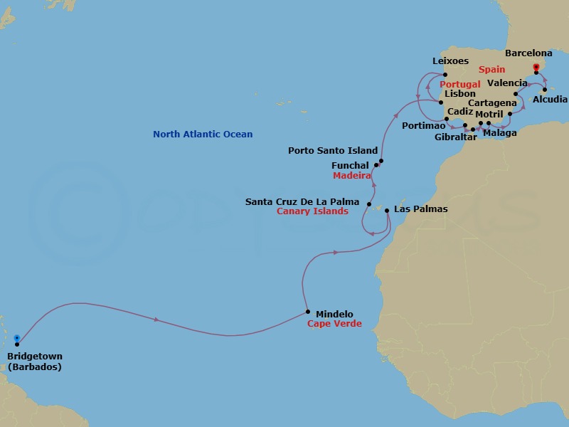 26 Night - Cruise from Bridgetown to Barcelona - Silver Spirit - Starting in Bridgetown, Mindelo, Las Palmas, Santa Cruz de La Palma, Funchal, Porto Santo, Lisbon, Oporto, Portimao, Cadiz, Gibraltar, Malaga, Motril, Cartagena ES, Valencia, Alcudia, Barcelona itinerary map
