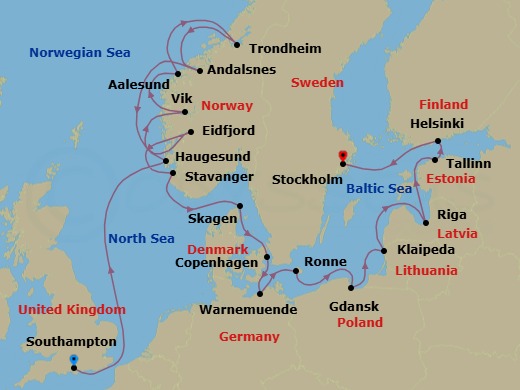 22 Night - Europe from Southampton to Stockholm - Silver Spirit - Starting in Southampton, Haugesund, Vik, Alesund, Trondheim, Andalsnes, Eidfjord, Stavanger, Skagen, Copenhagen, Warnemunde, Ronne, Gdansk, Klaipeda, Riga, Tallinn, Helsinki, Stockholm itinerary map