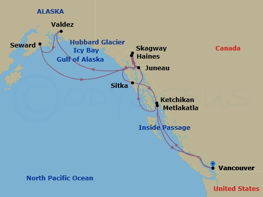 14 Night - Alaska Roundtrip from Vancouver - Silver Whisper - Starting in Vancouver, Inside Passage, Ketchikan, Tracy Arm, Juneau, Skagway, Icy Bay, Valdez, Seward (Anchorage), Hubbard Glacier, Juneau, Haines, Sitka, Metlakatla, Inside Passage, Vancouver itinerary map