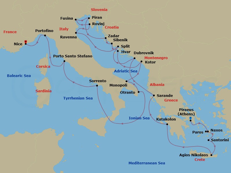 24 Night - Mediterranean from Athens to Nice - Silver Shadow - Starting in Athens, Naxos, Paros, Santorini, Aghios Nikolaos, Katakolon, Sarande, Dubrovnik, Croatia, Split, Ravenna, Rovinj, Fusina, Piran, Zadar, Sibenik, Hvar, Kotor, Monopoli, Otranto, Sorrento, Porto Santo Stefano, Portofino, Nice itinerary map