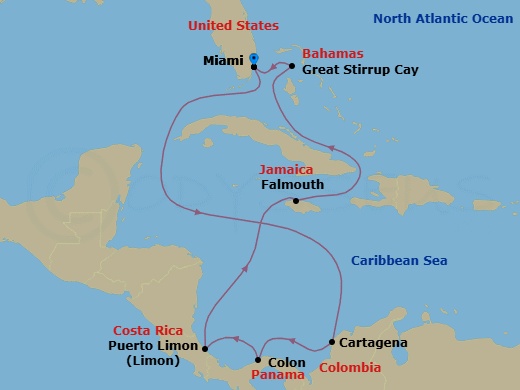 10 Night - Panama Canal - Miami - Norwegian Gem - Starting in Miami, Fl, Cartagena CO, Panama Canal Gatun Lake, Panama, Colon, Panama, Puerto Limon, Costa Rica, Falmouth, Jamaica, Great Stirrup Cay, Bahamas, Miami, Fl itinerary map