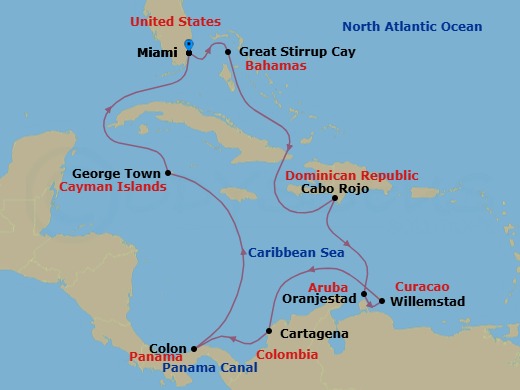 12 Night - Panama Canal - Miami - Norwegian Gem - Starting in Miami, Fl, Great Stirrup Cay, Bahamas, Cabo Rojo, Dominican Republic, Oranjestad, Aruba, Willemstad AN, Netherlands Antilles, Cartagena CO, Panama Canal Gatun Lake, Panama, Colon, Panama, George Town, Cayman Islands, Miami, Fl itinerary map