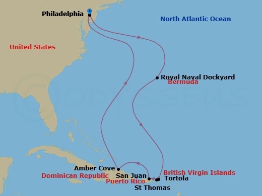 11 Night - Caribbean-Philadelphia - Norwegian Pearl - Starting in Philadelphia, Pa, Royal Naval Dockyard, Bermuda, Tortola, British Virgin Islands, St Thomas, Vi, San Juan, Pr, Amber Cove, Dominican Republic, Philadelphia, Pa itinerary map