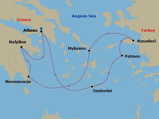 7 Night - Treasures of the Greek Isles - Wind Surf - Starting in Piraeus, Athens, Nafplio, Monemvasia, Mykonos, Kusadasi, Patmos, Santorini, Piraeus, Athens itinerary map