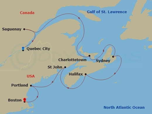 10 Night - Classic Canada & New England - Sapphire Princess - Starting in Quebec City, Canada, Saguenay, Canada, Charlottetown, Canada, Sydney NS, Halifax, Canada, Saint John NB (Bay of Fundy), Portland ME, Boston, Massachusetts itinerary map