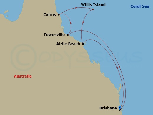 7 Night - Queensland with Great Barrier Reef - Grand Princess - Starting in Brisbane, Australia, Townsville, Australia, Cairns, Australia, Willis Island, Australia, Airlie Beach, Australia, Brisbane, Australia itinerary map