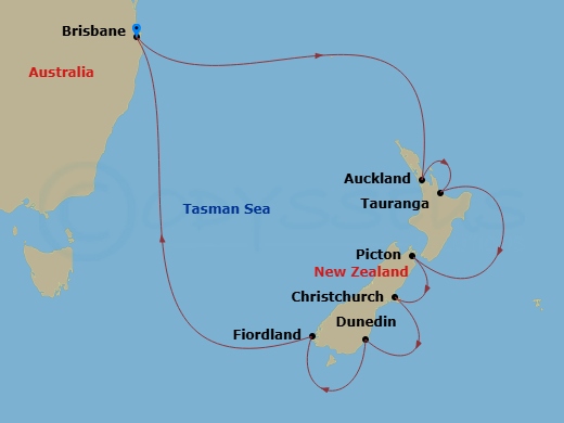 14 Night - New Zealand - Grand Princess - Starting in Brisbane, Australia, Auckland, New Zealand, Tauranga, New Zealand, Picton, New Zealand, Timaru, New Zealand, Dunedin (Port Chalmers), New Zealand, Fiordland National Park (Scenic Cruising), Brisbane, Australia itinerary map