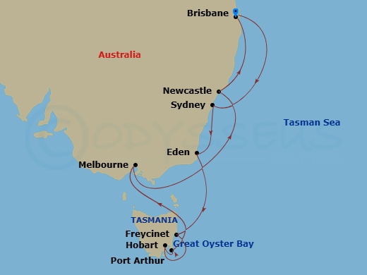 12 Night - Australia Roundtrip from Brisbane - Grand Princess - Starting in Brisbane, Australia, Sydney AU, Eden, Australia, Great Oyster Bay and Freycinet Peninsula (Scenic Cruising), Hobart, Australia, Port Arthur, Australia, Melbourne, Australia, Newcastle AU, Brisbane, Australia itinerary map
