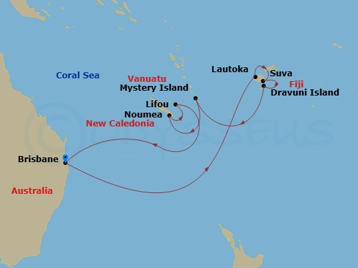 14 Night - Fiji & South Pacific - Grand Princess - Starting in Brisbane, Australia, Lautoka, Fiji, Suva, Fiji, Dravuni Island, Fiji, Mystery Island, Vanuatu, Noumea, New Caledonia, Lifou, New Caledonia, Brisbane, Australia itinerary map
