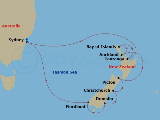 15 Night - New Zealand - Grand Princess - Starting in Sydney AU, Fiordland National Park (Scenic Cruising), Dunedin (Port Chalmers), New Zealand, Christchurch (Lyttelton), New Zealand, Picton, New Zealand, Auckland, New Zealand, Bay of Islands, New Zealand, Tauranga, New Zealand, Sydney AU itinerary map