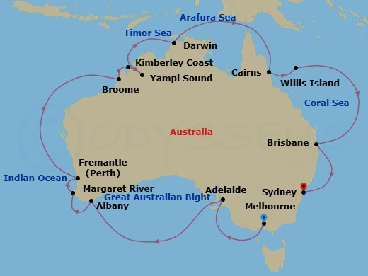 24 Night - Round Australia - Grand Princess - Starting in Melbourne, Australia, Adelaide, Australia, Albany AU, Margaret River (Busselton), Australia, Perth (Fremantle), Australia, Broome, Australia, Yampi Sound (Scenic Cruising), Kimberley Coast (Scenic Cruising), Australia, Darwin, Australia, Cairns, Australia, Willis Island, Australia, Brisbane, Australia, Sydney AU itinerary map
