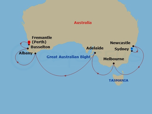 11 Night - Southern Australia Explorer - Grand Princess - Starting in Sydney AU, Newcastle AU, Melbourne, Australia, Adelaide, Australia, Albany AU, Margaret River (Busselton), Australia, Perth (Fremantle), Australia itinerary map