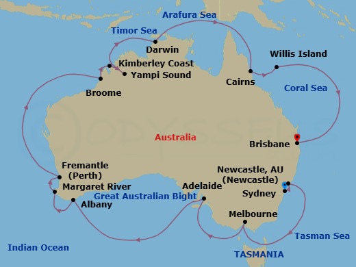 26 Night - Round Australia - Grand Princess - Starting in Sydney AU, Newcastle AU, Melbourne, Australia, Adelaide, Australia, Albany AU, Margaret River (Busselton), Australia, Perth (Fremantle), Australia, Broome, Australia, Yampi Sound (Scenic Cruising), Kimberley Coast (Scenic Cruising), Australia, Darwin, Australia, Cairns, Australia, Willis Island, Australia, Brisbane, Australia itinerary map