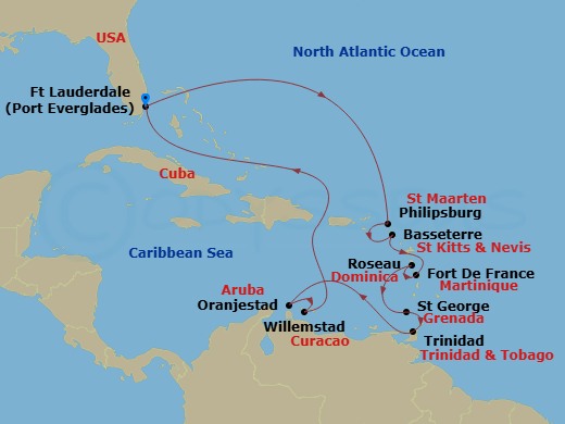 14 Night - Circle Caribbean - Coral Princess - Starting in Fort Lauderdale, Florida, St Maarten, St Kitts, Martinique, Dominica, Grenada, Trinidad, Trinidad and Tobago, Aruba, Curacao, Fort Lauderdale, Florida itinerary map