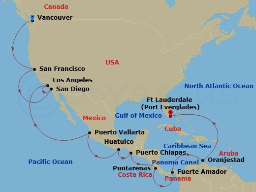 22 Night - Panama Canal & Pacific Coast - Coral Princess - Starting in Vancouver, Canada, San Francisco, California, San Diego, California, Los Angeles, California, Puerto Vallarta, Mexico, Huatulco, Mexico, Puerto Chiapas, Mexico, Puntarenas, Costa Rica, Fuerte Amador, Panama (for Panama City), Panama Canal Full Transit Historic Locks, Aruba, Fort Lauderdale, Florida itinerary map
